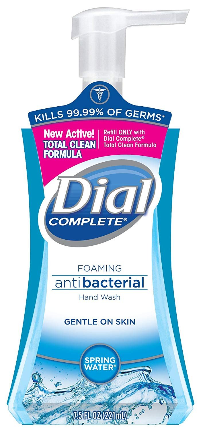 Dial bottles staged on bathroom sink suggesting ready use