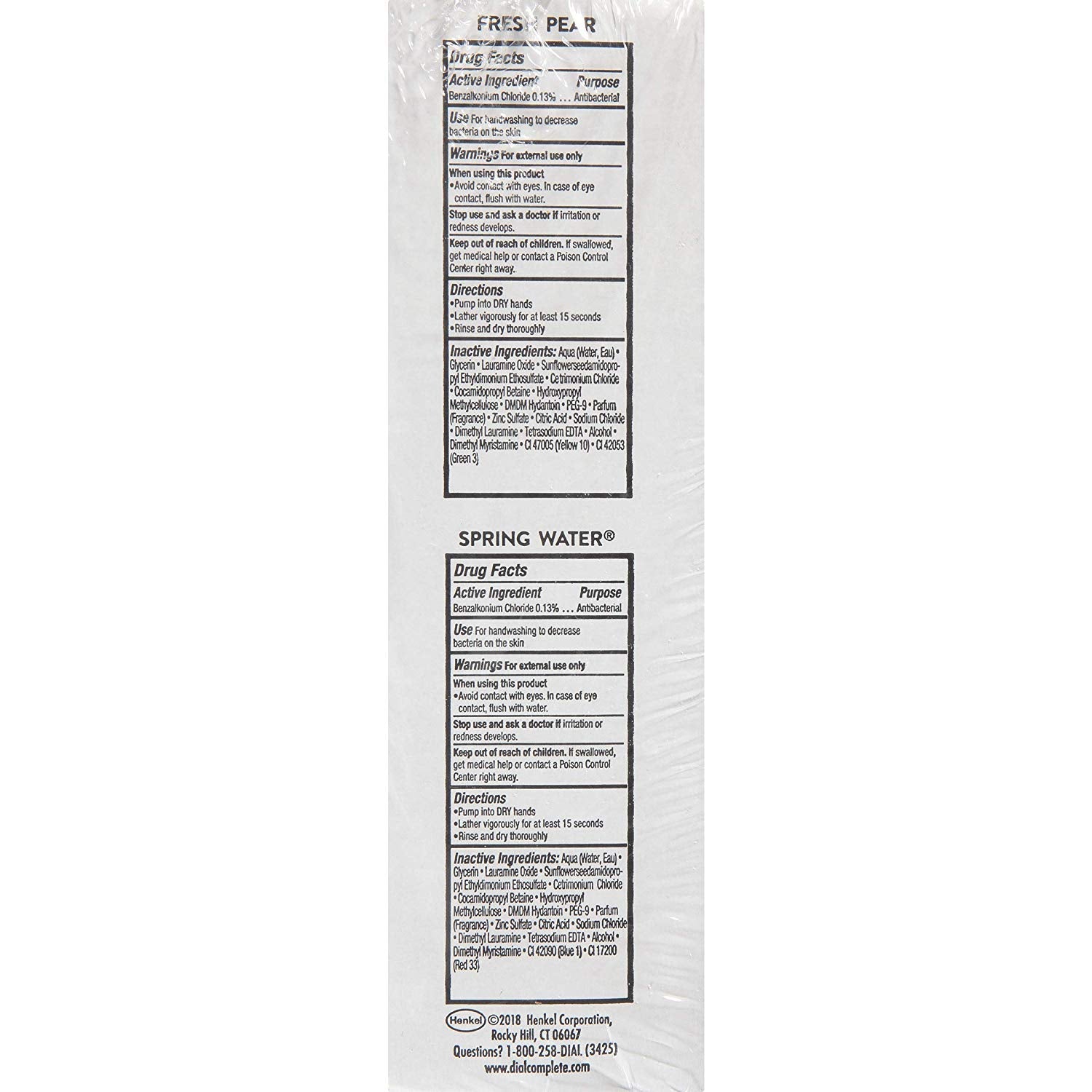 Dial label and ingredients panel showing product information