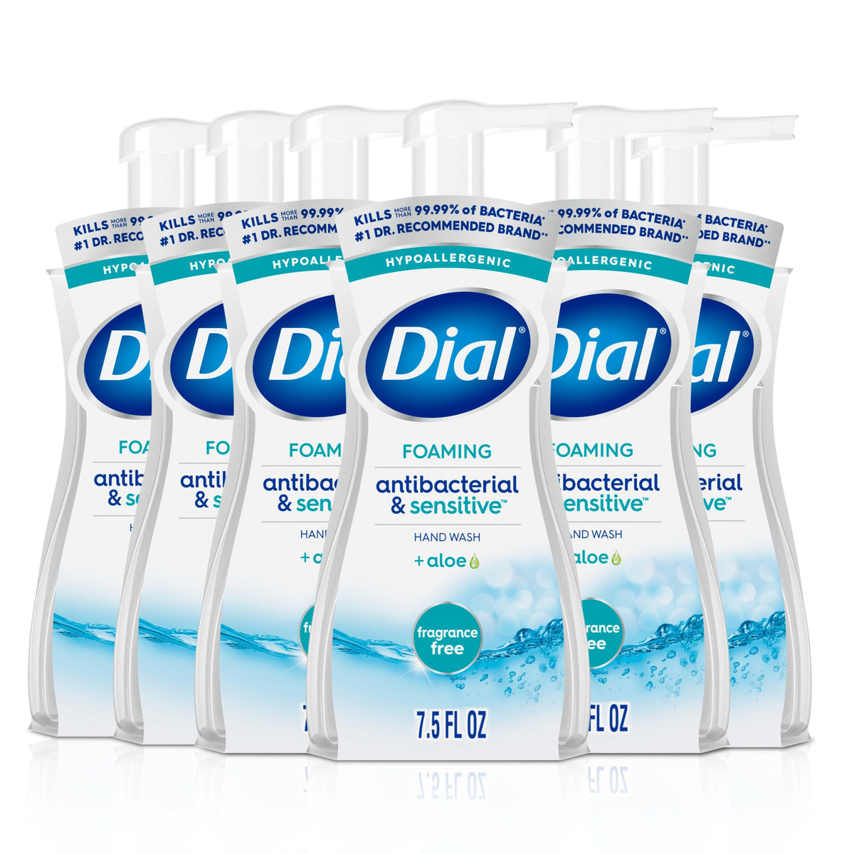 Dial front packaging shows six fragrance-free bottles and clear antibacterial benefit