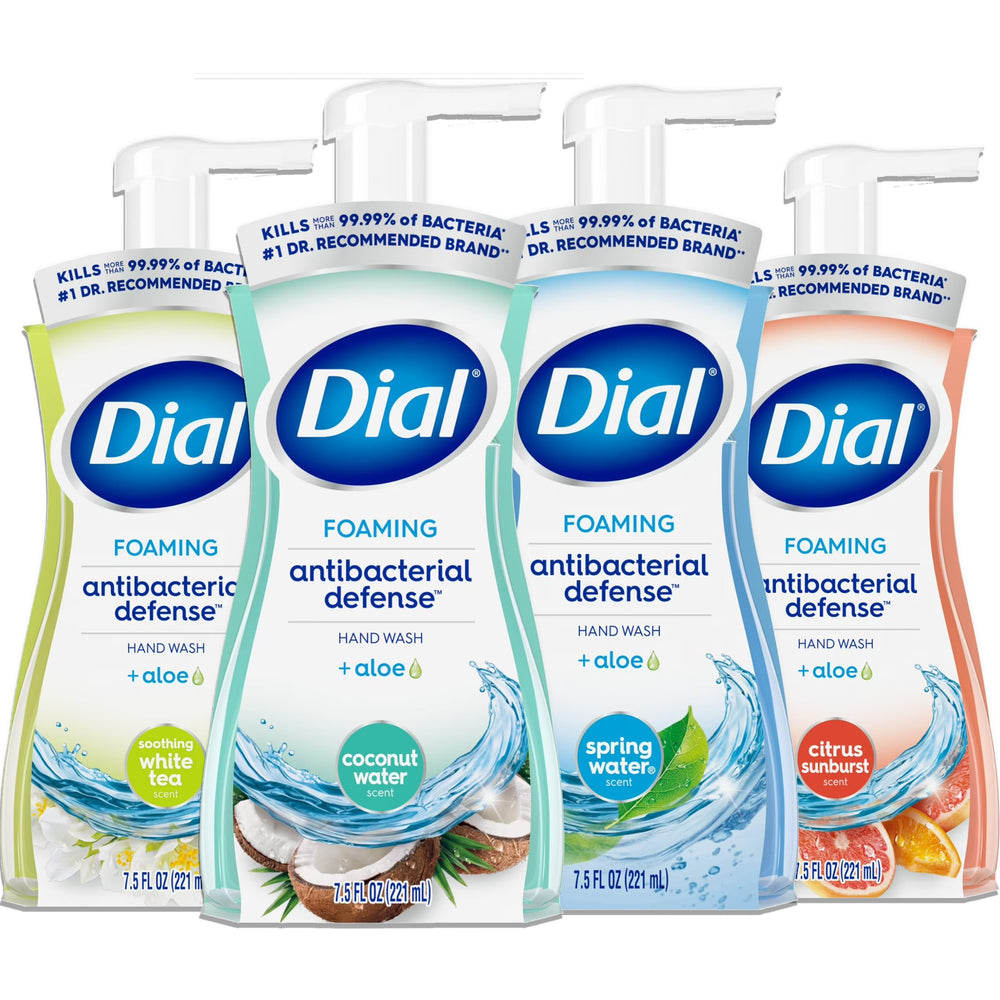 Dial 4-pack front view showing assorted foaming hand wash bottles and convenience
