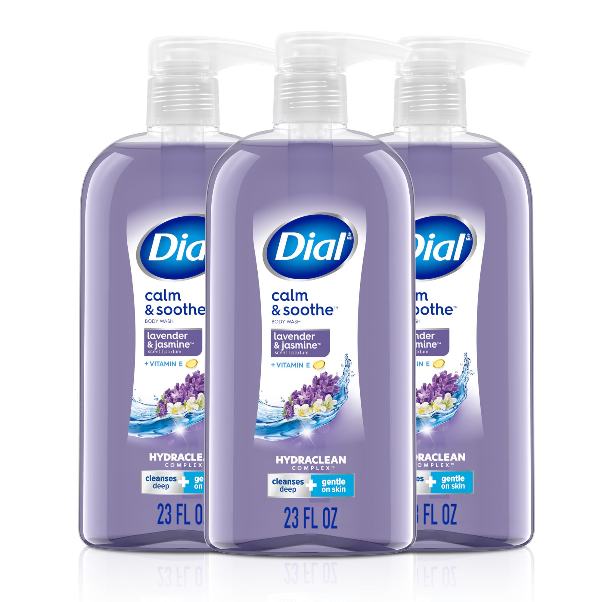 Dial front packaging showing calm & soothe lavender jasmine for soothing showers