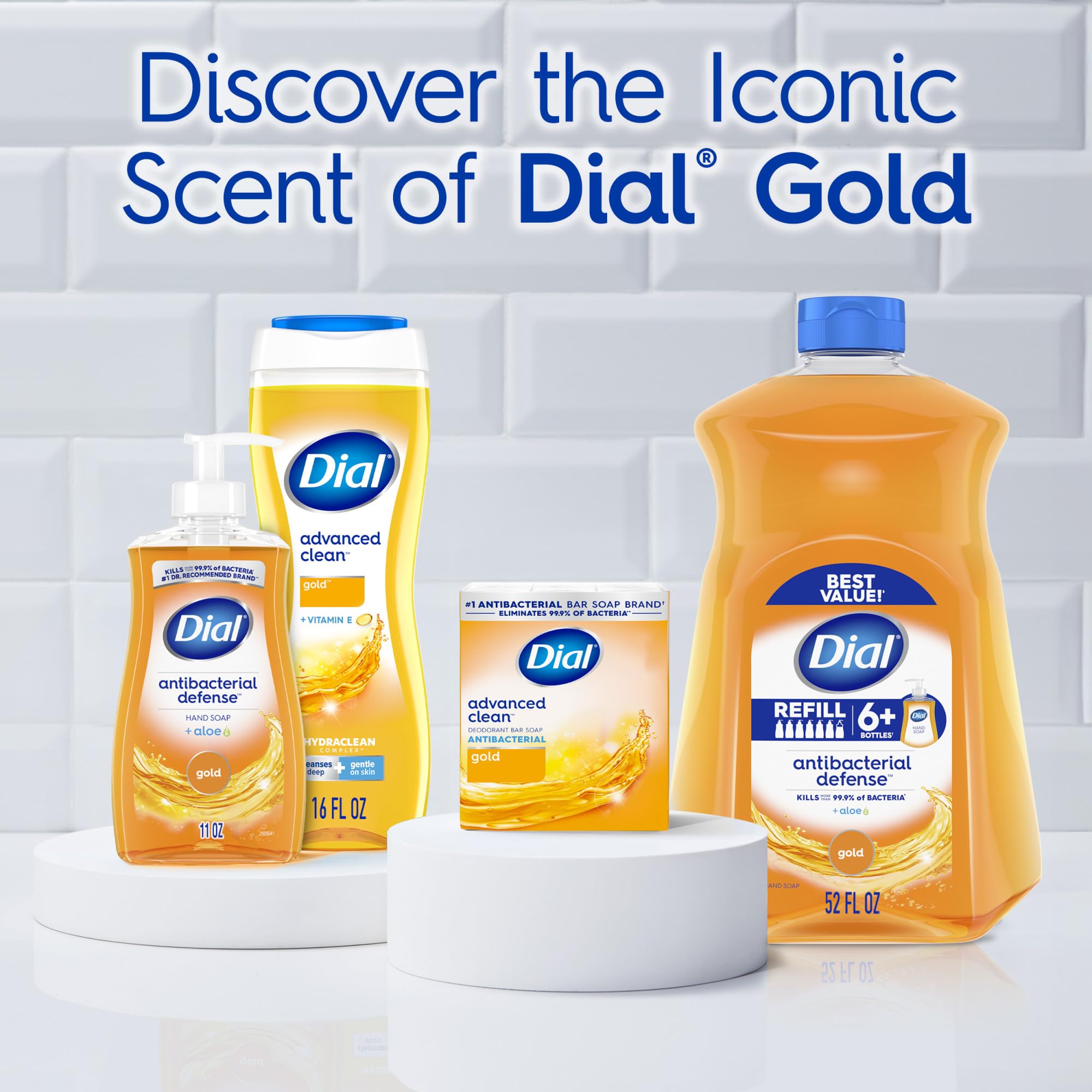 Dial Gold bottle beside common items showing 16 fl oz size and household scale