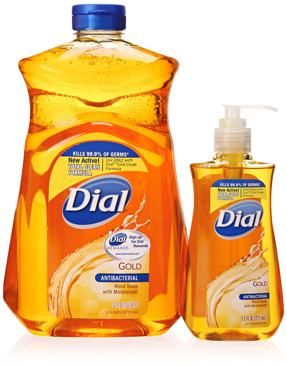 Dial gold pump bottle and 52 oz refill displayed, convenient antibacterial hygiene