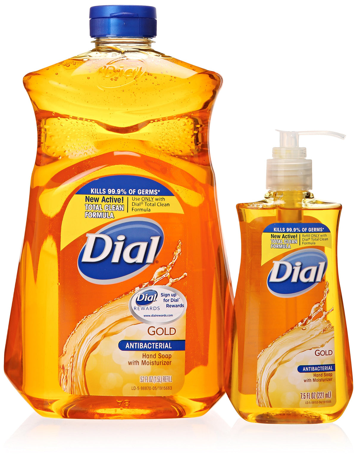 Dial gold pump bottle and 52 oz refill displayed, convenient antibacterial hygiene