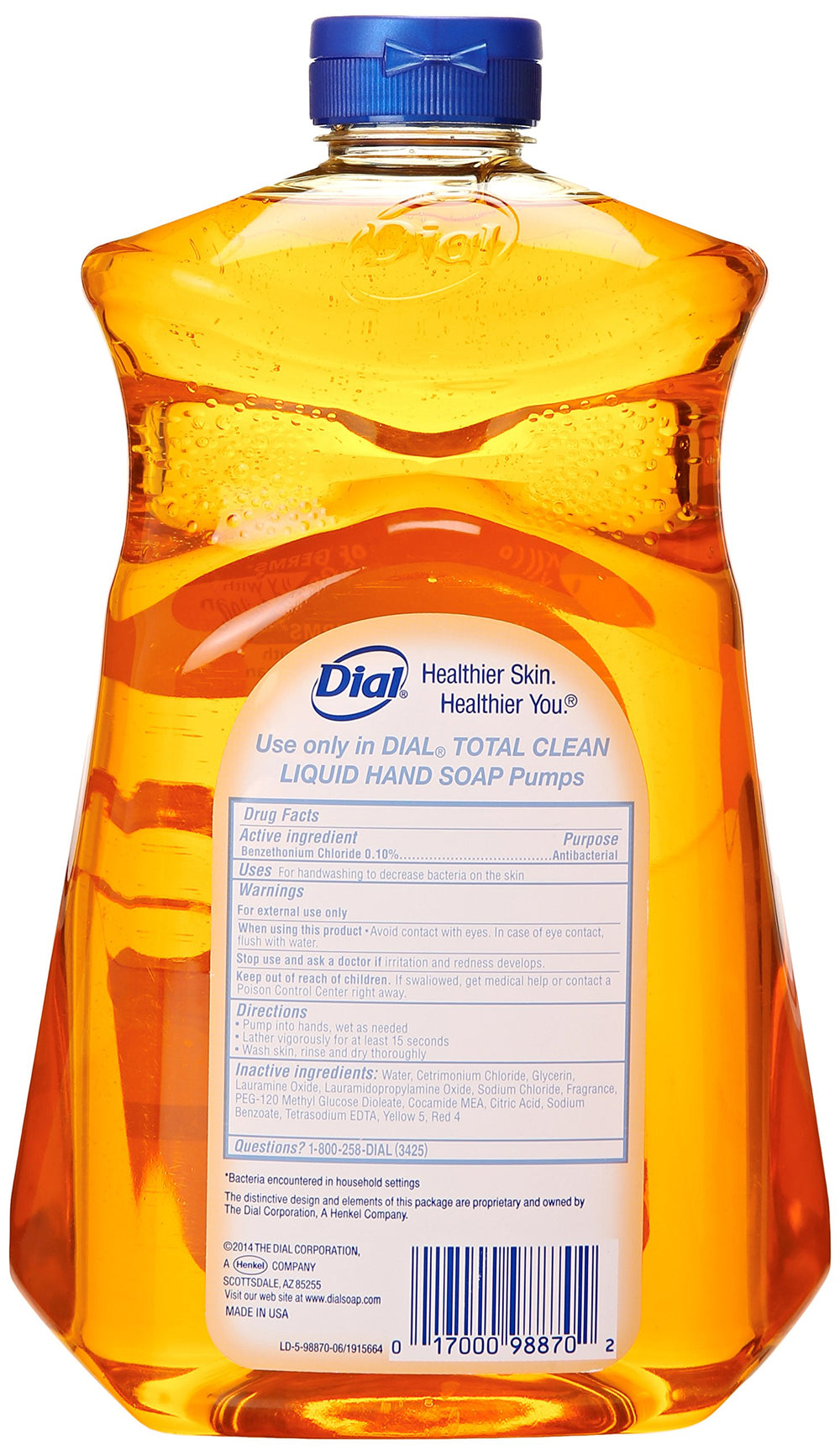 Dial gold refill being poured into pump bottle, easy bulk refill benefit