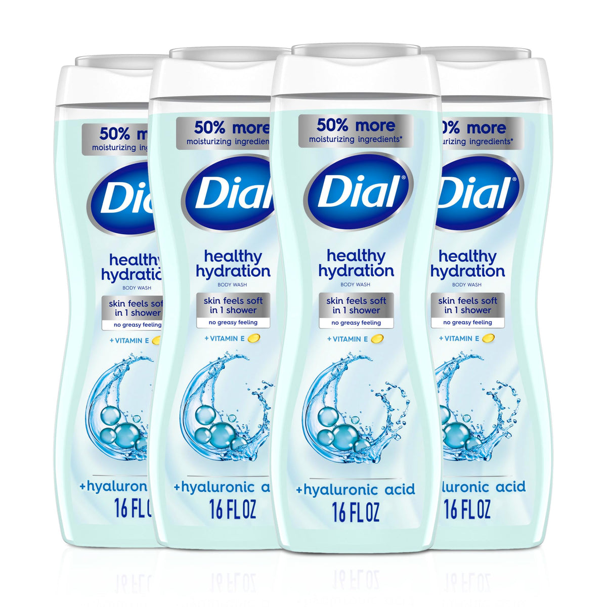 Dial front packaging showing 16oz bottle and clear moisturizing messaging