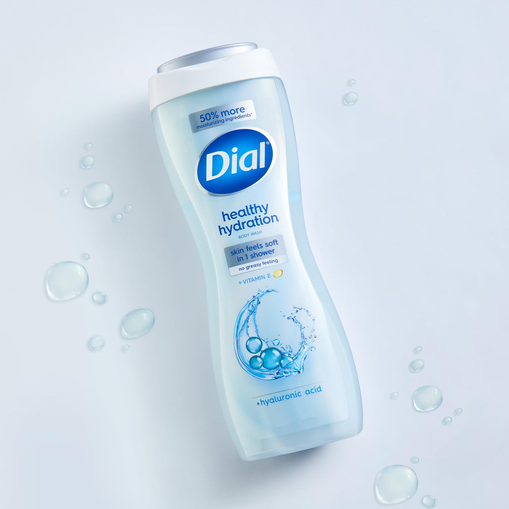 Dial bottle on shower shelf in bathroom lifestyle, ready for daily use