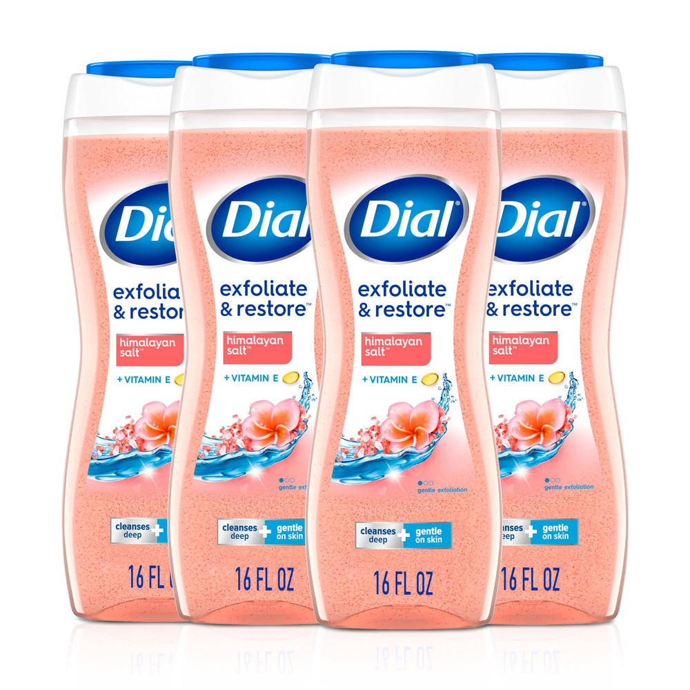 Dial front packaging showing hydrating exfoliating body wash benefits