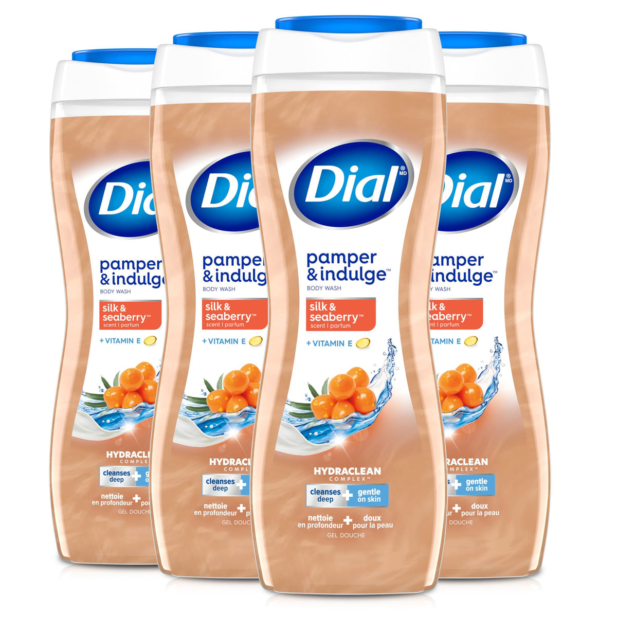 Dial bottle front packaging showing Hydraclean silk seaberry and vitamin E benefits