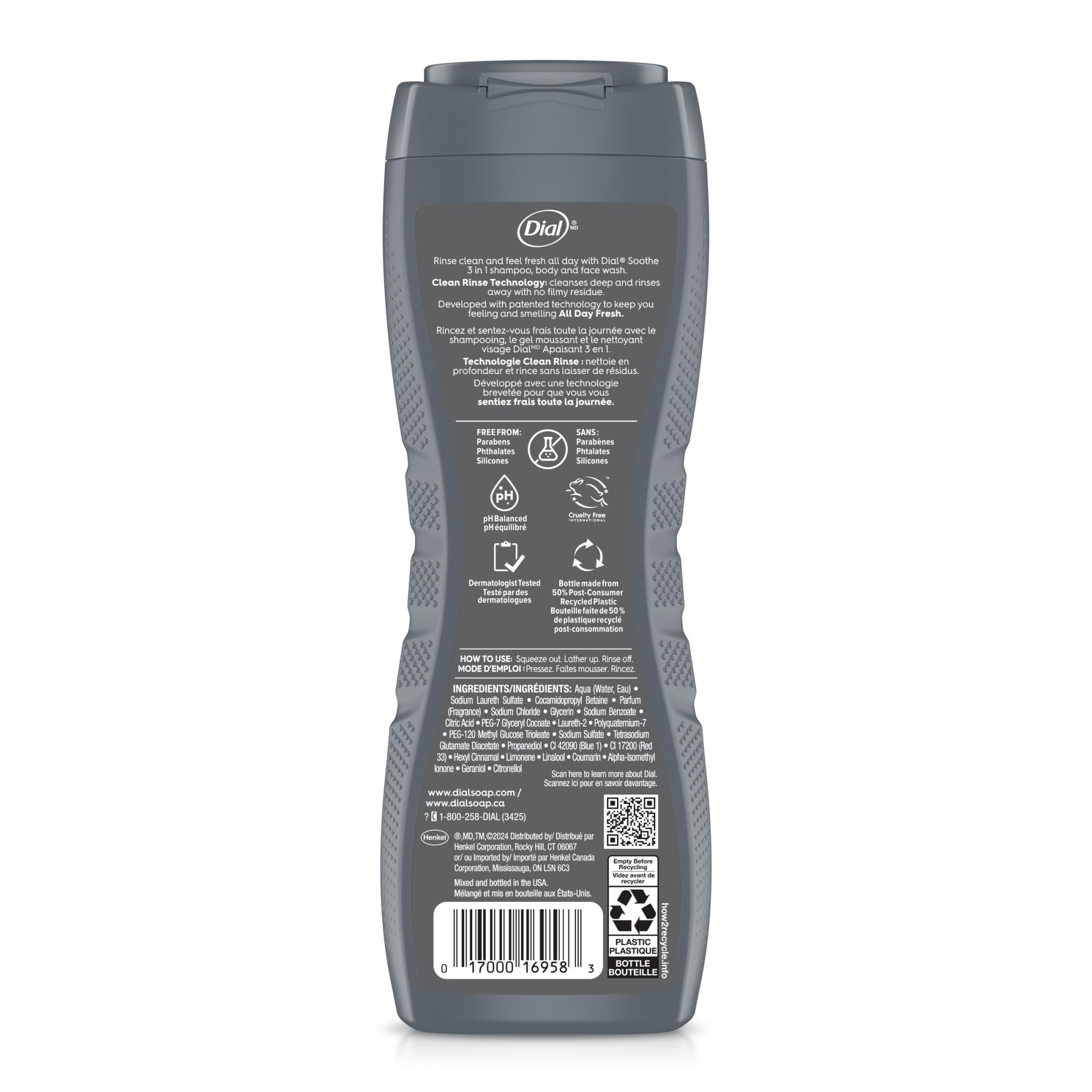 Dial ingredient label closeup highlighting pH balance and no parabens