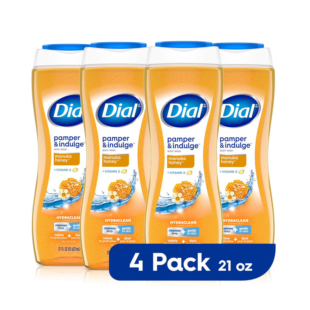Dial front packaging showing bottle and manuka honey scent, indicates gentle cleansing benefit