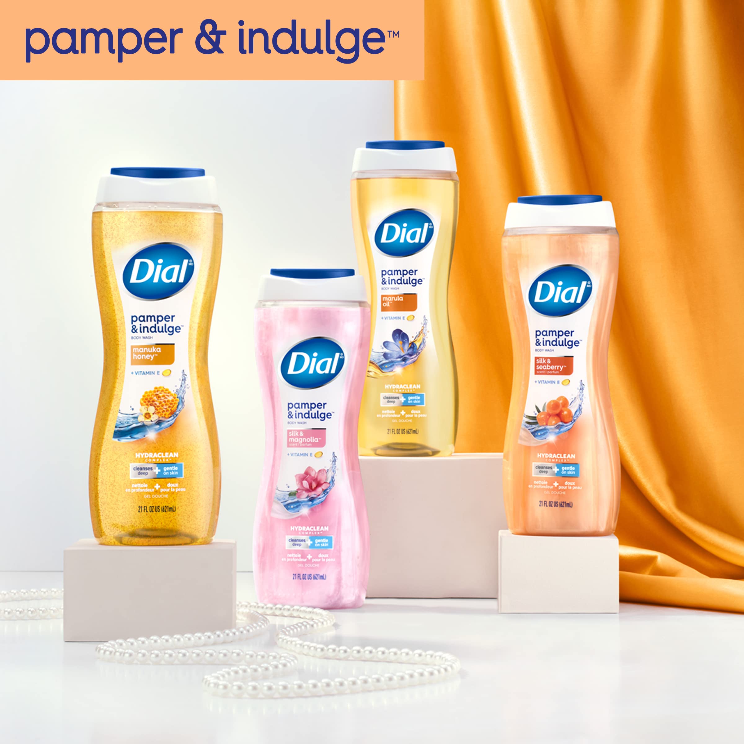 Dial body wash displayed in bathroom setting, suggests spa-like at-home experience