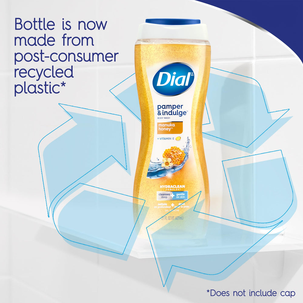 Dial bottle beside hand for scale, conveys 21 fl oz volume and long-lasting supply