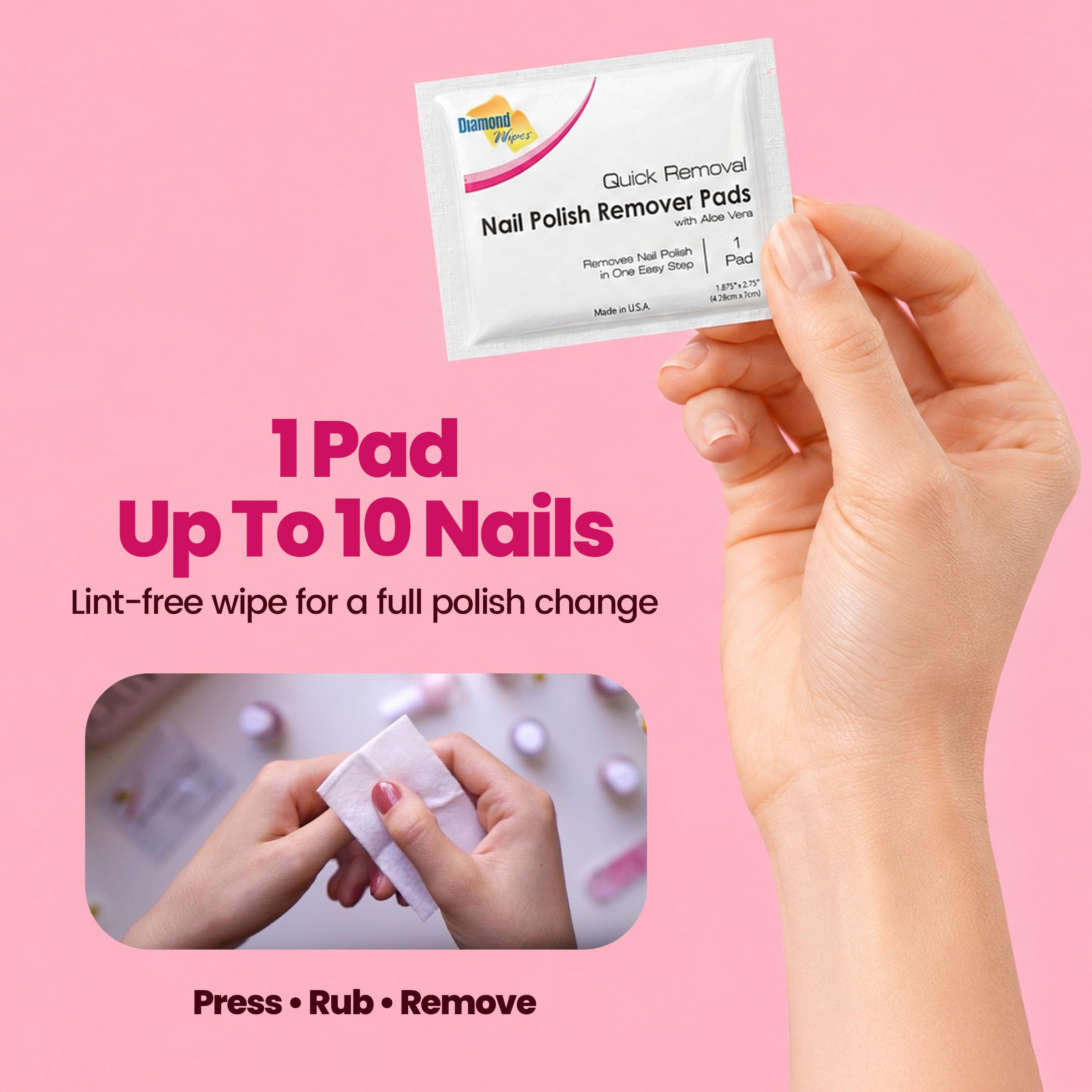 Diamond Wipes pad in hand removing polish, quick efficient cleanup