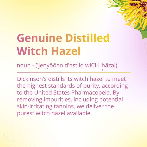 Dickinson's witch hazel bottle beside cloths, natural distilled ingredient