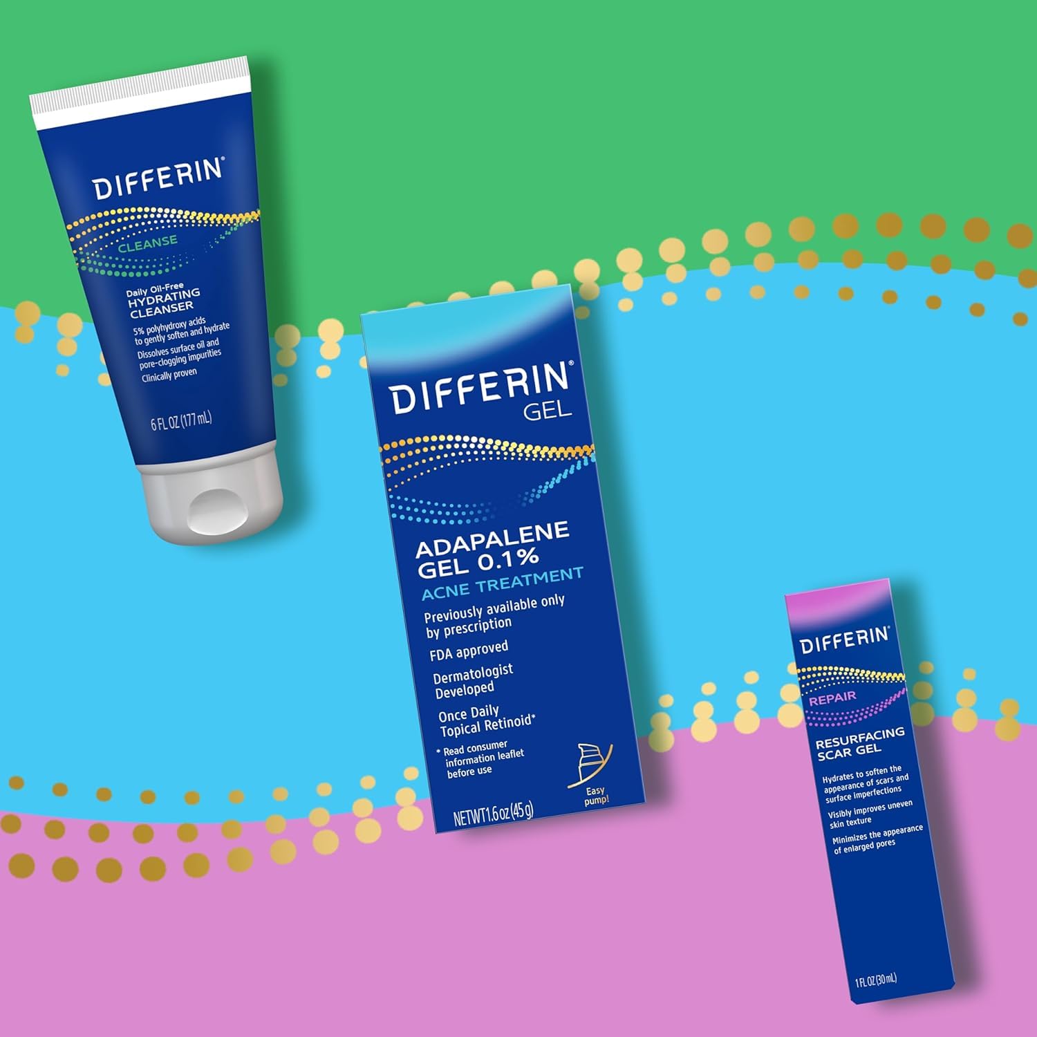 Flatlay of seaberry oil and peptide capsules to emphasize Differin nourishing actives