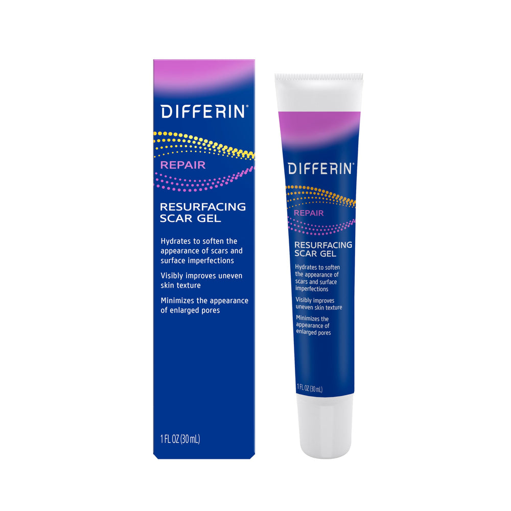 Differin resurfacing gel front packaging showing 1 oz tube for clear scar reduction