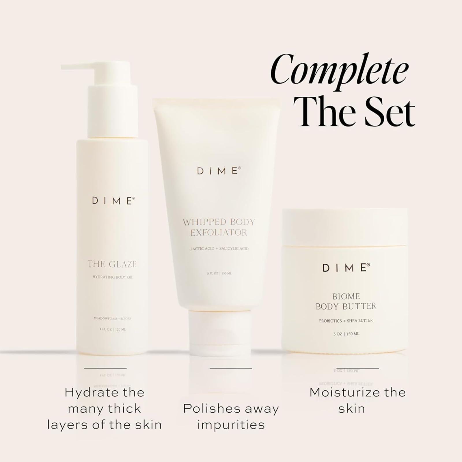 DIME Beauty ingredient label close-up, displays probiotic and natural butter benefits
