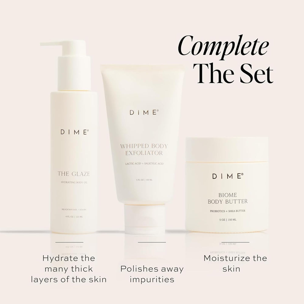 DIME Beauty ingredient label close-up, displays probiotic and natural butter benefits