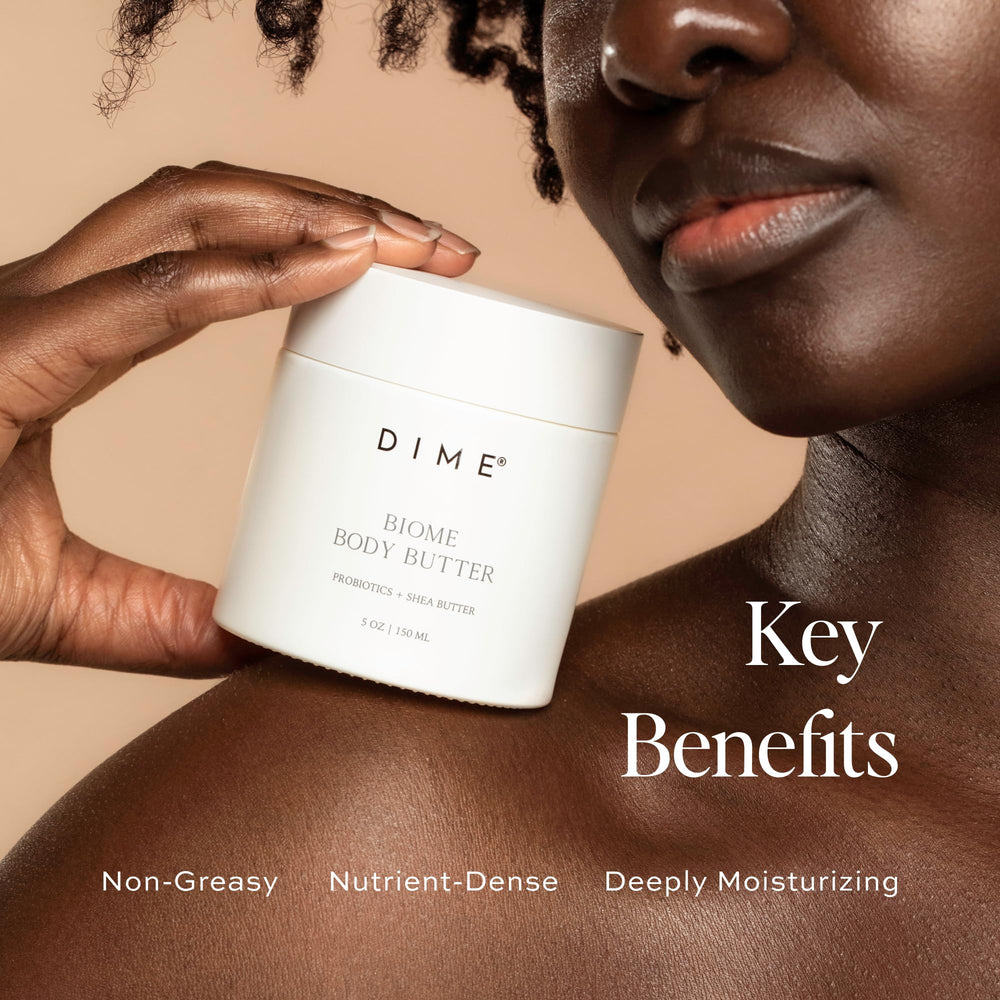 DIME Beauty creamy whipped texture close-up, highlights thick non-greasy finish