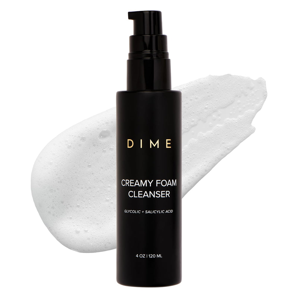 DIME creamy foam cleanser front packaging showing product clarity benefit