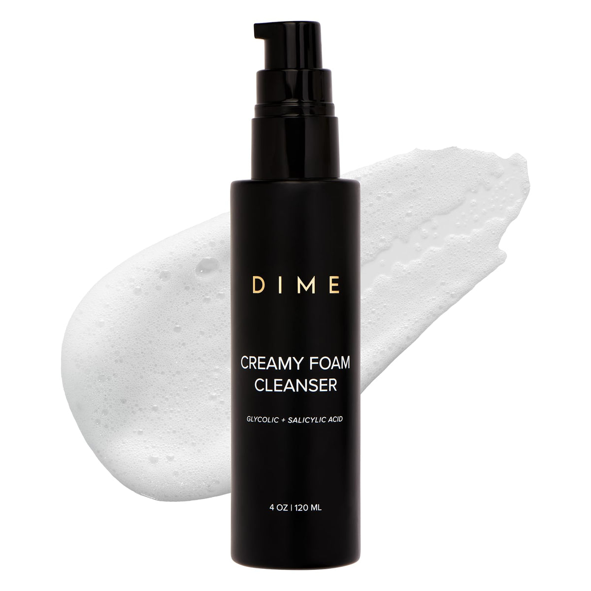 DIME creamy foam cleanser front packaging showing product clarity benefit