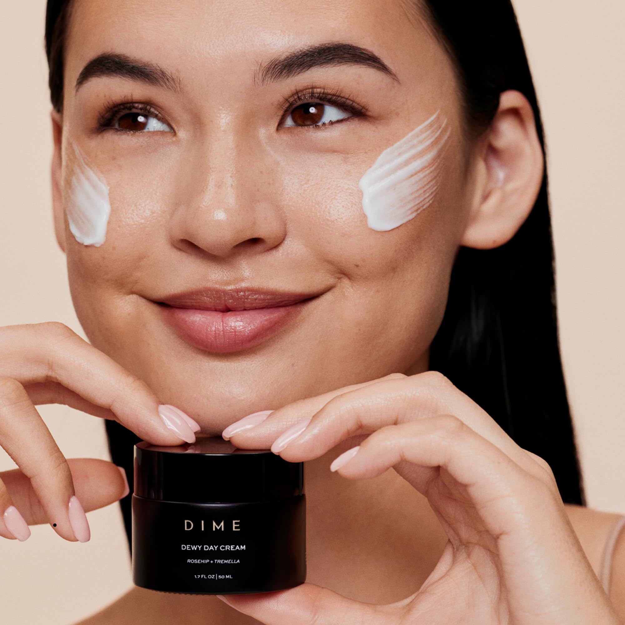 DIME dewy day cream label close-up showing clean, vegan and cruelty-free benefit
