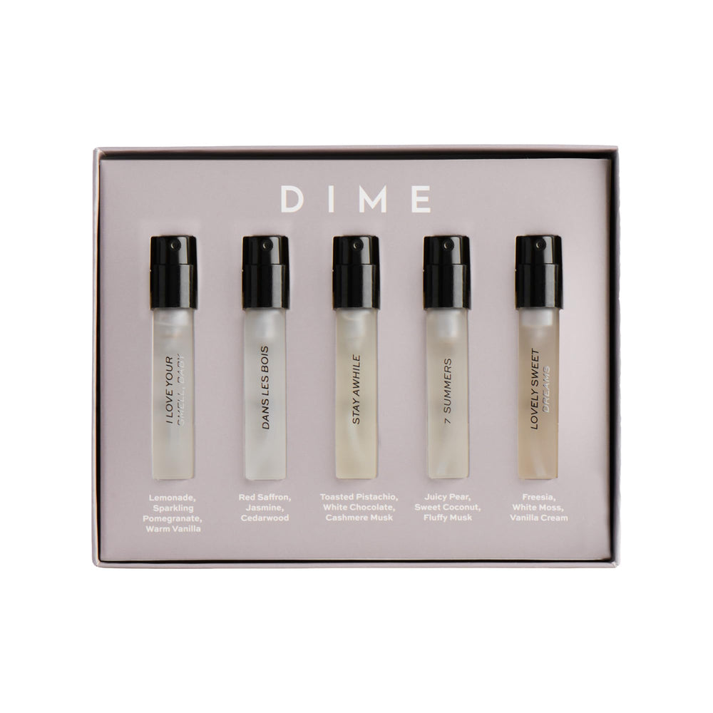 DIME sampler front packaging showing five 2 ml perfume sprays and kit benefit