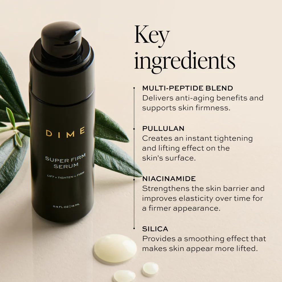 DIME Super Firm ingredients flatlay with red algae and peptides highlighting clean formulation benefit: antioxidant support