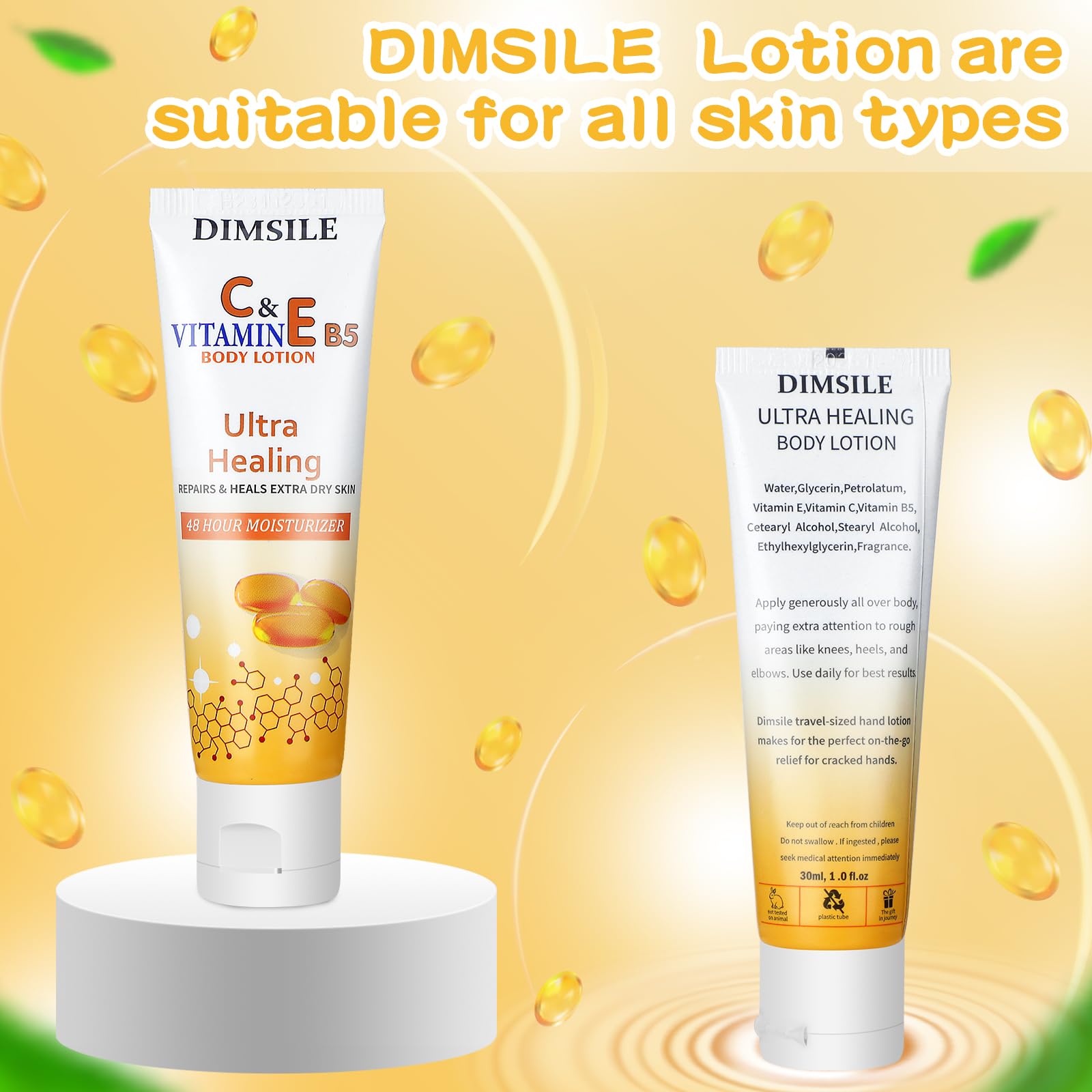 Dimsile tubes arranged as hotel bathroom amenities for guest convenience