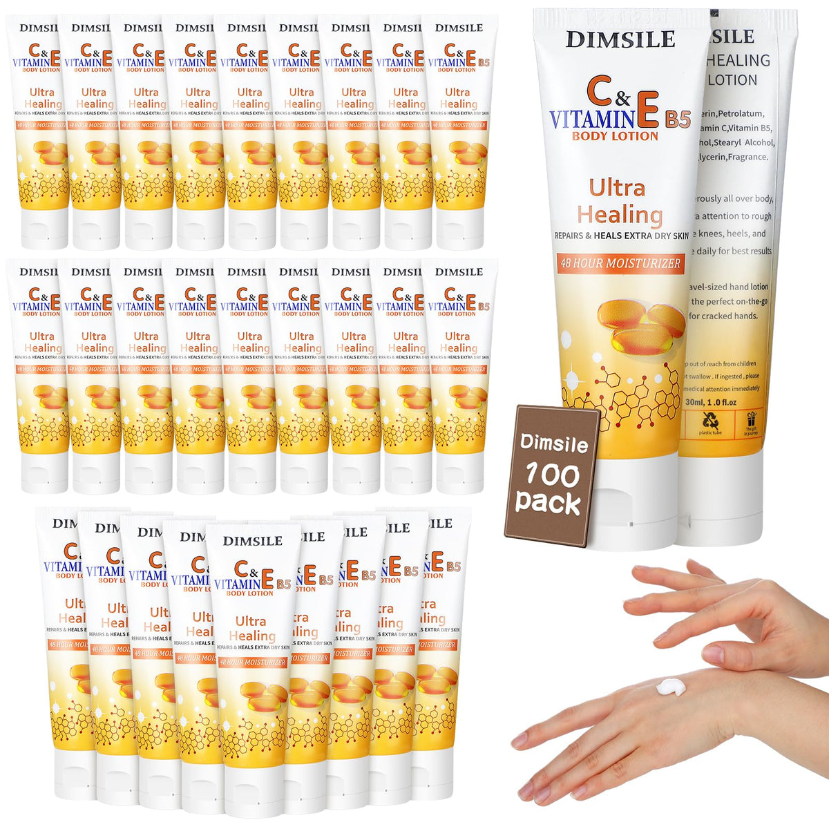 Dimsile front packaging showing 100 travel-size lotion tubes and bulk value