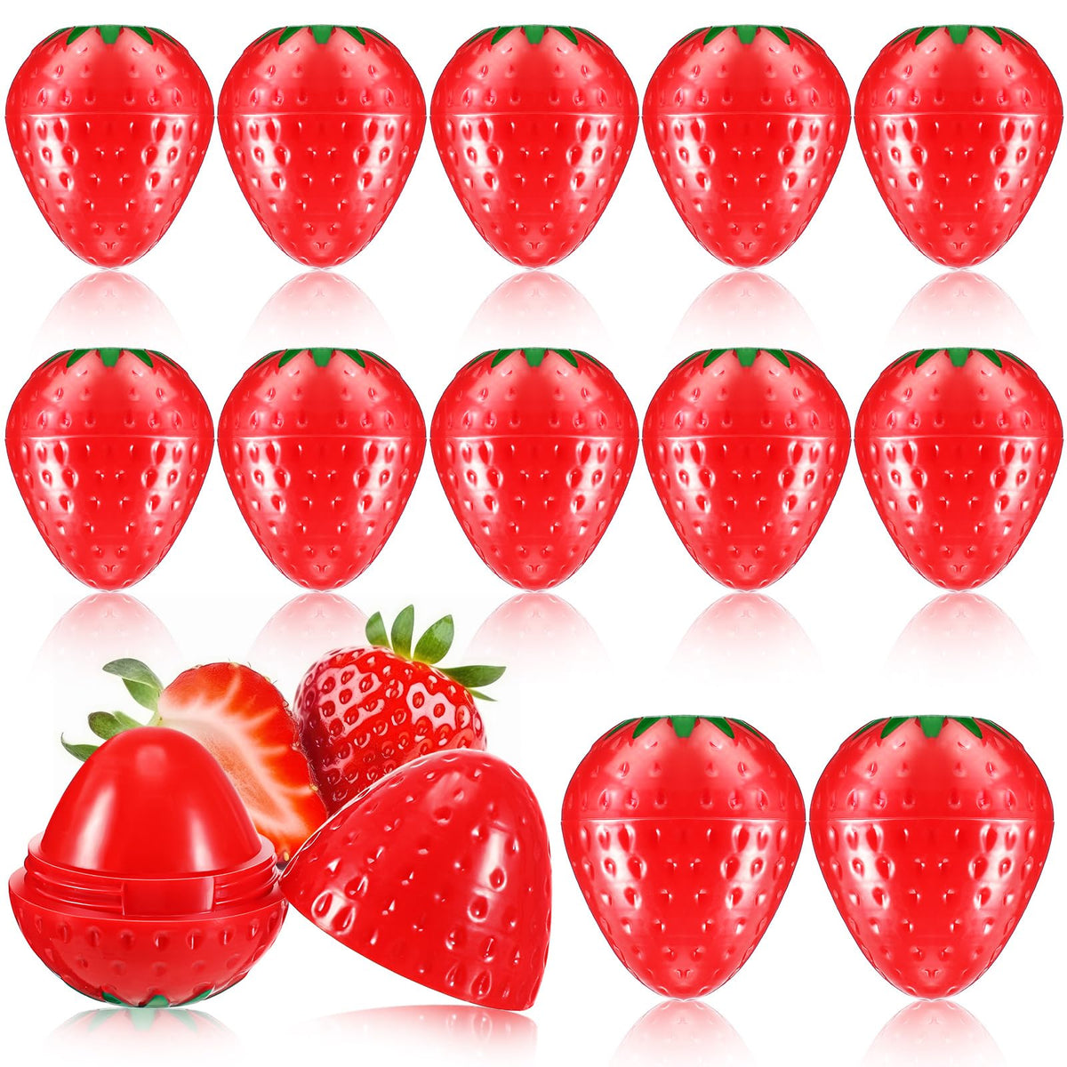 Dimsile front packaging showing twelve strawberry lip balms and product appeal