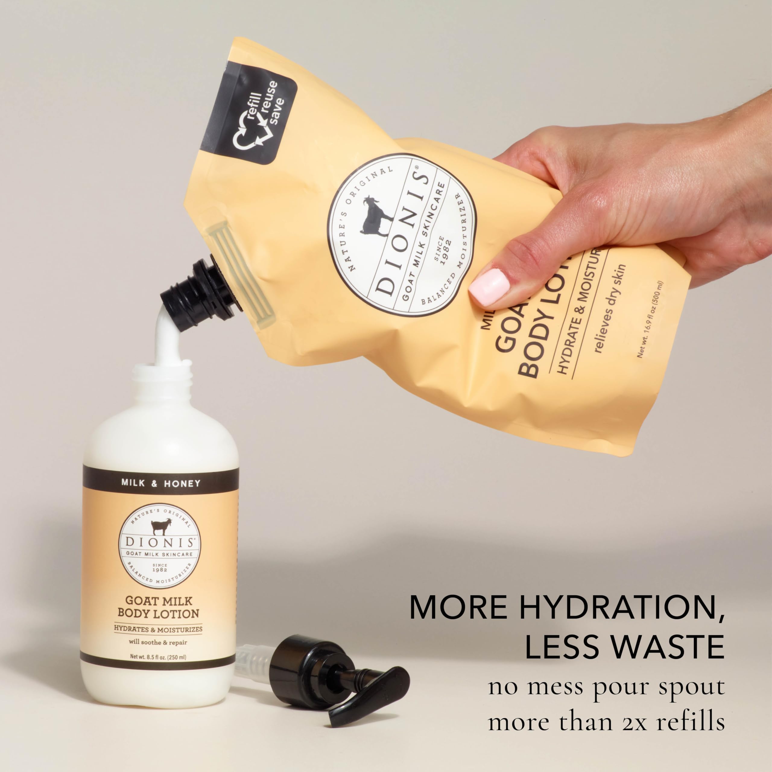 Dionis refilling a lotion bottle showing sustainable reuse benefit