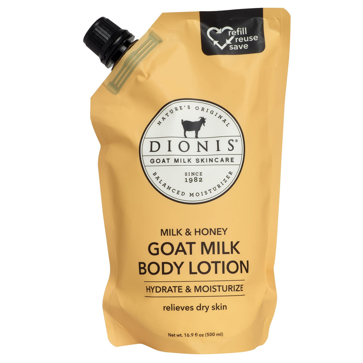 Dionis front pouch milk and honey showing packaging and refill benefit