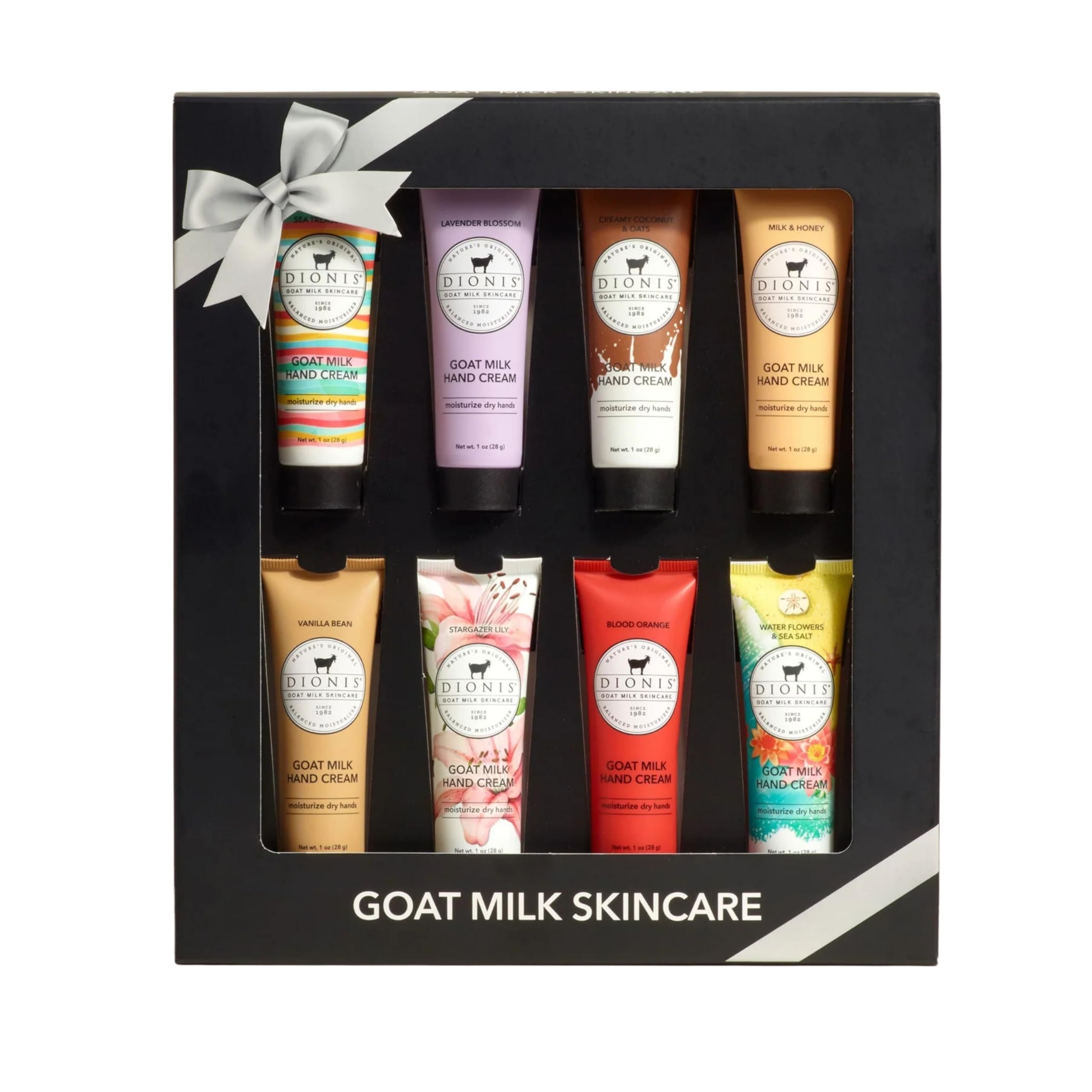 Dionis front packaging showing 8 assorted hand cream tubes and gift-ready look
