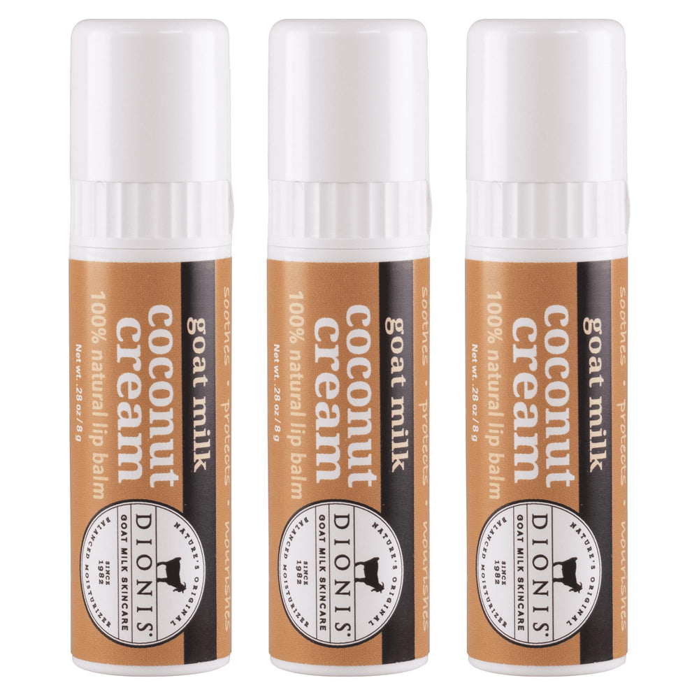 Dionis jumbo lip balm front packaging showing product and coconut cream benefit