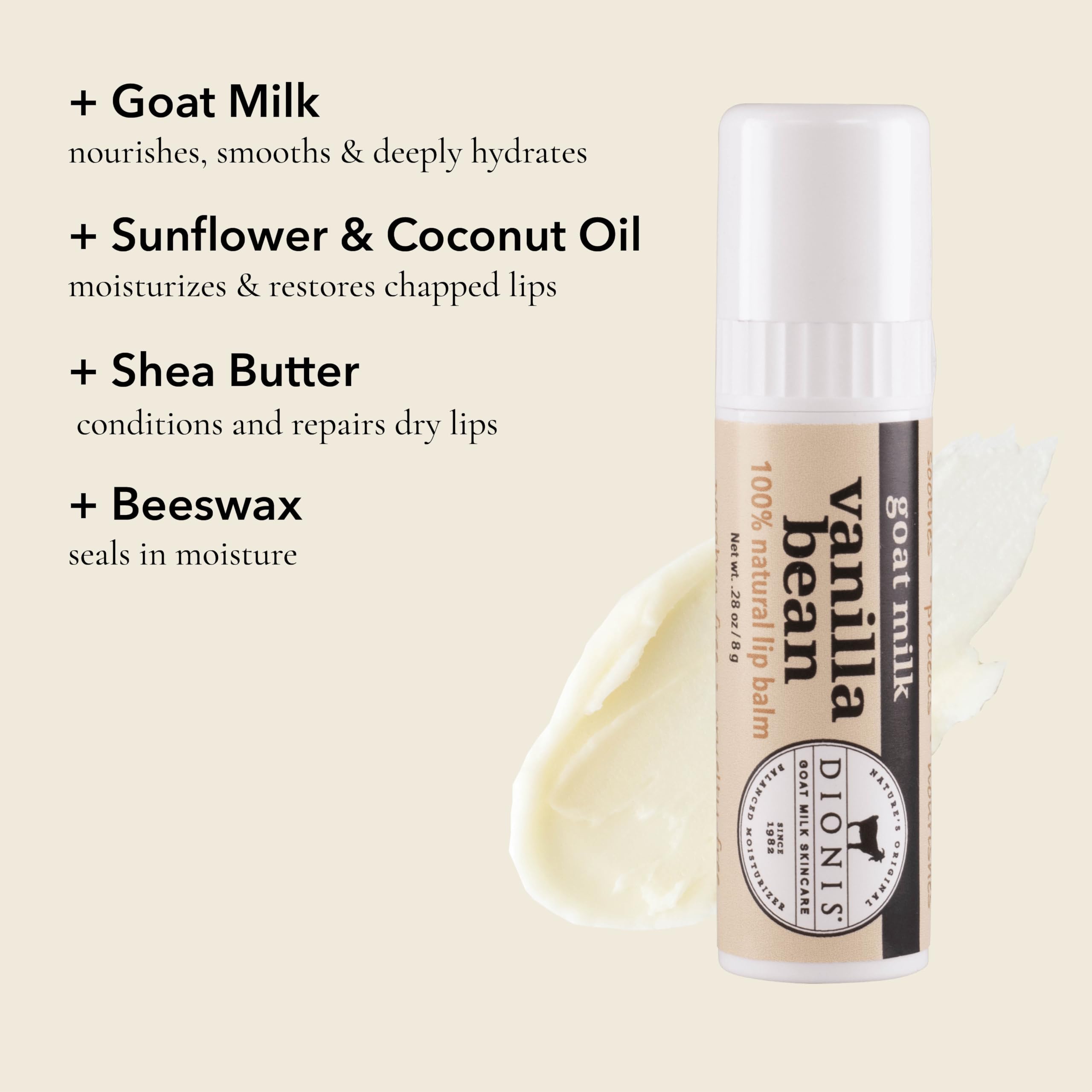 Dionis lip balm close-up texture displaying creamy smooth application