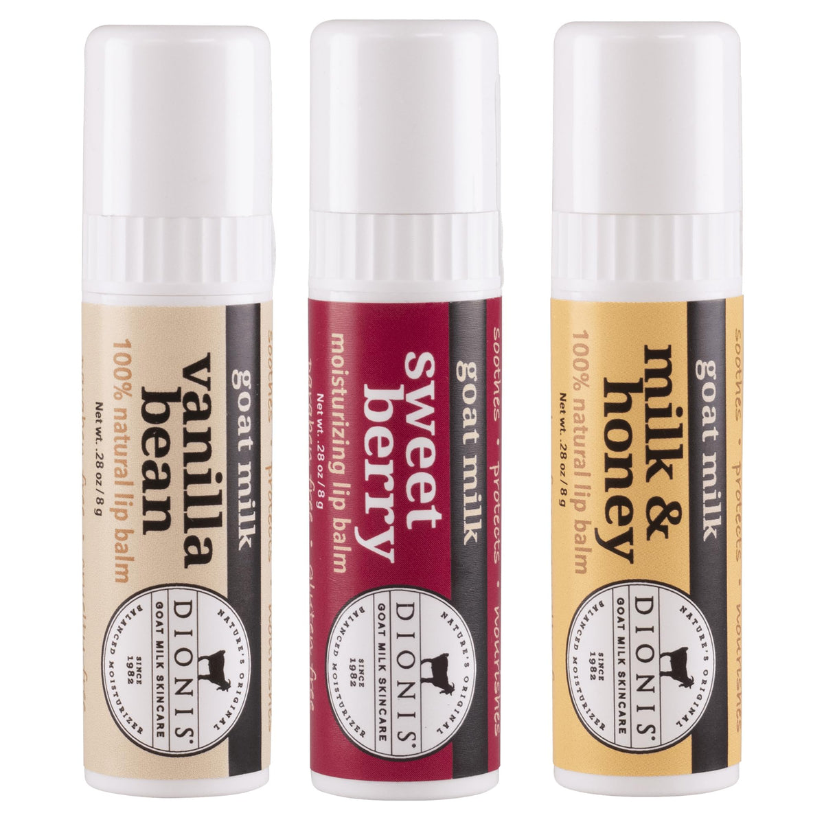 Dionis three-pack front packaging showing jumbo lip balms and benefits