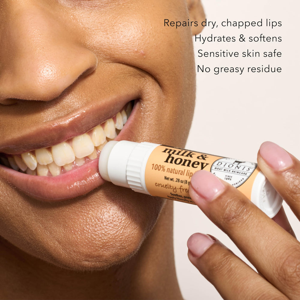 Dionis lip balm texture close-up showing creamy finish for smooth lips