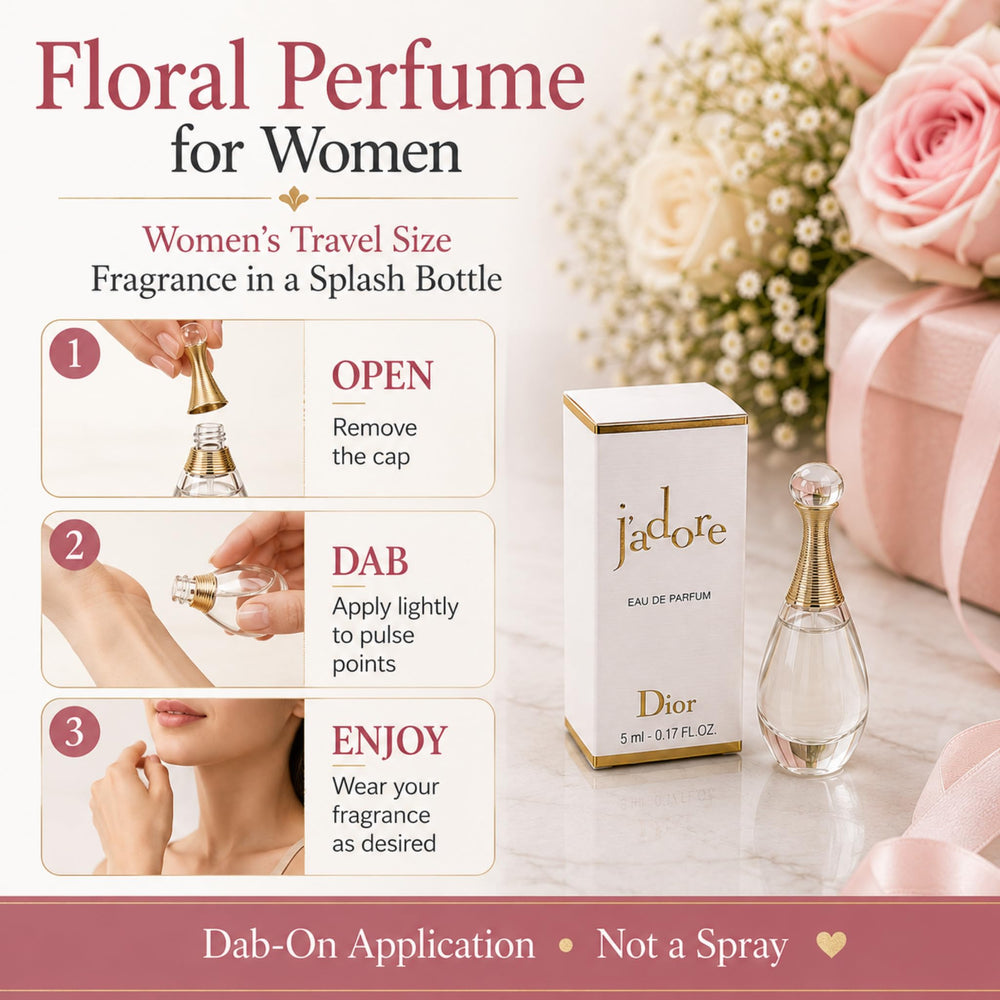 Dior J'adore mini held in hand illustrating true 5 ml scale and portability