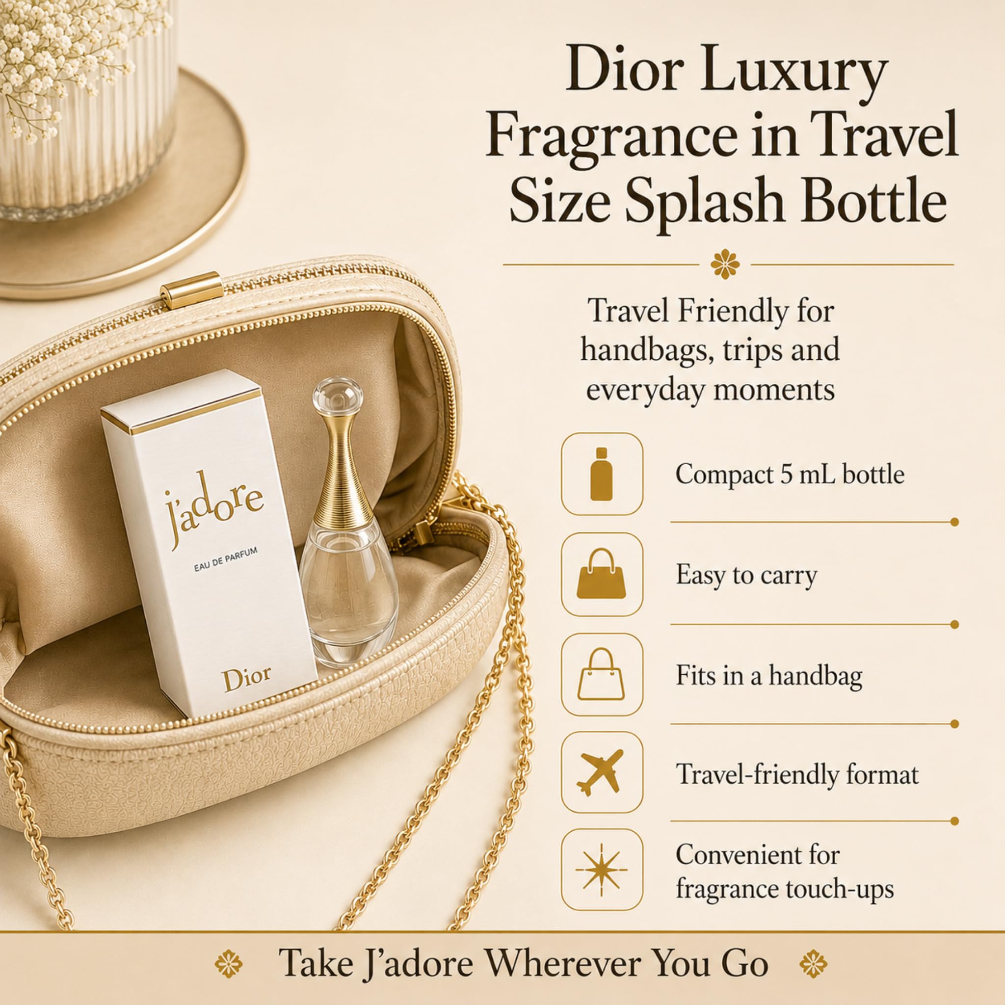 Dior J'adore mini placed in a purse demonstrating easy everyday travel use