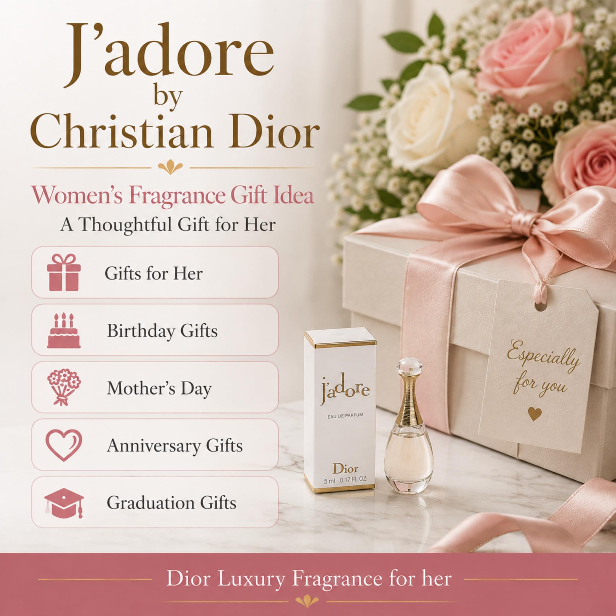 Dior J'adore side profile of the mini bottle emphasizing compact luxury