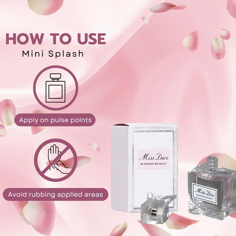 Dior Miss Dior Blooming Bouquet splash being applied from hand for controlled, intimate fragrance use