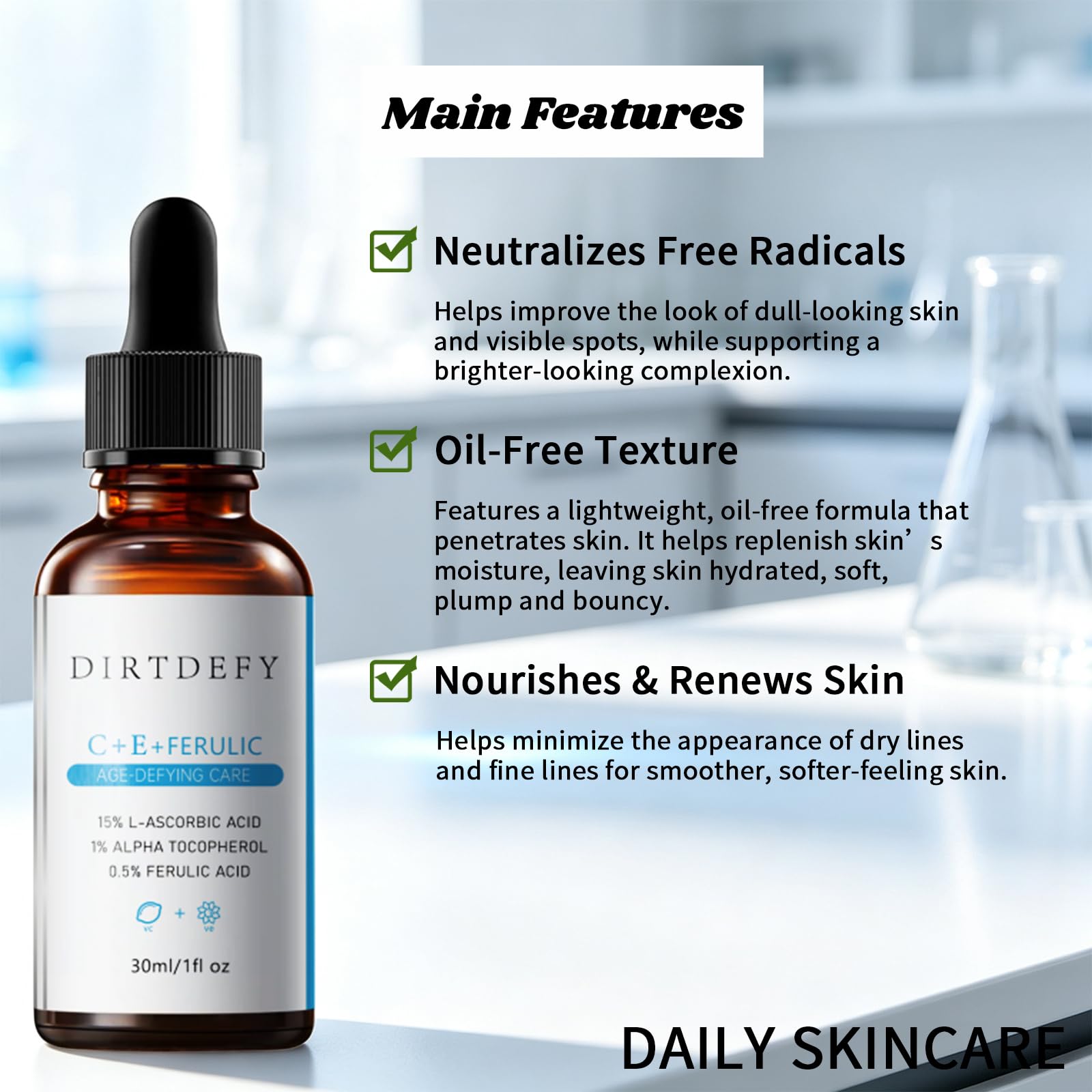 DIRTDEFY label close-up highlighting vitamin C, E and ferulic acid contents