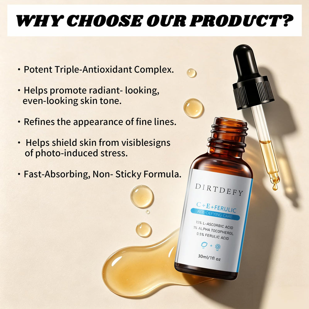 DIRTDEFY serum on bathroom counter conveying daily routine convenience