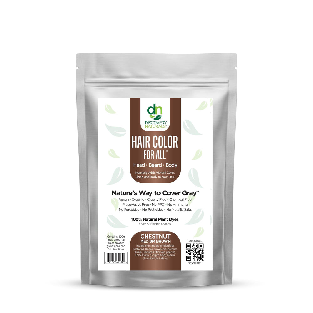 Discovery Naturals front packaging showing chestnut medium brown shade and natural ingredients benefit