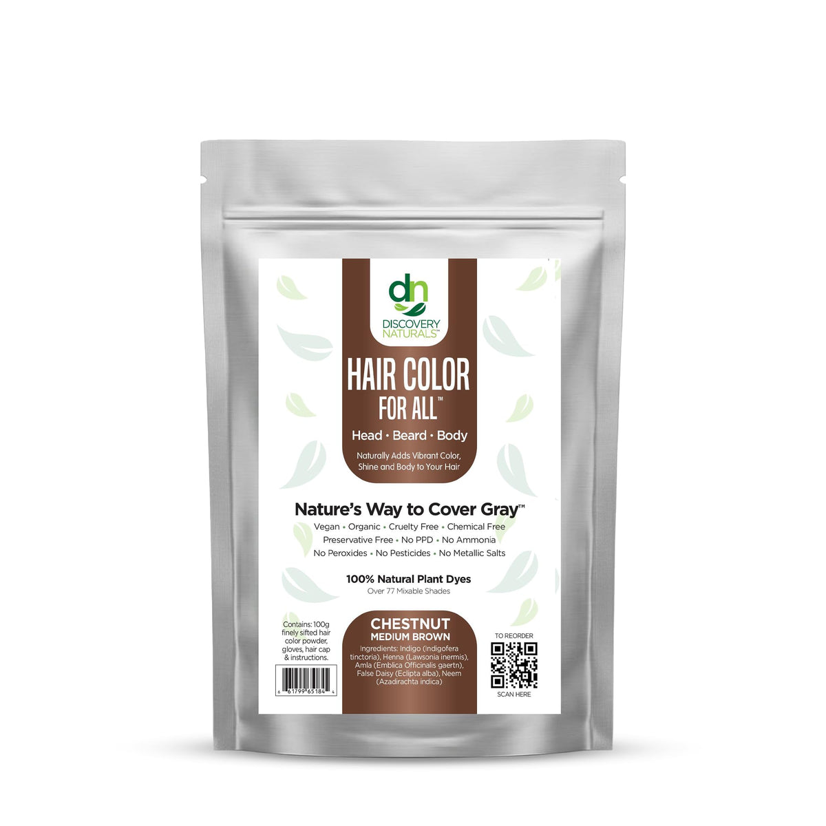 Discovery Naturals front packaging showing chestnut medium brown shade and natural ingredients benefit