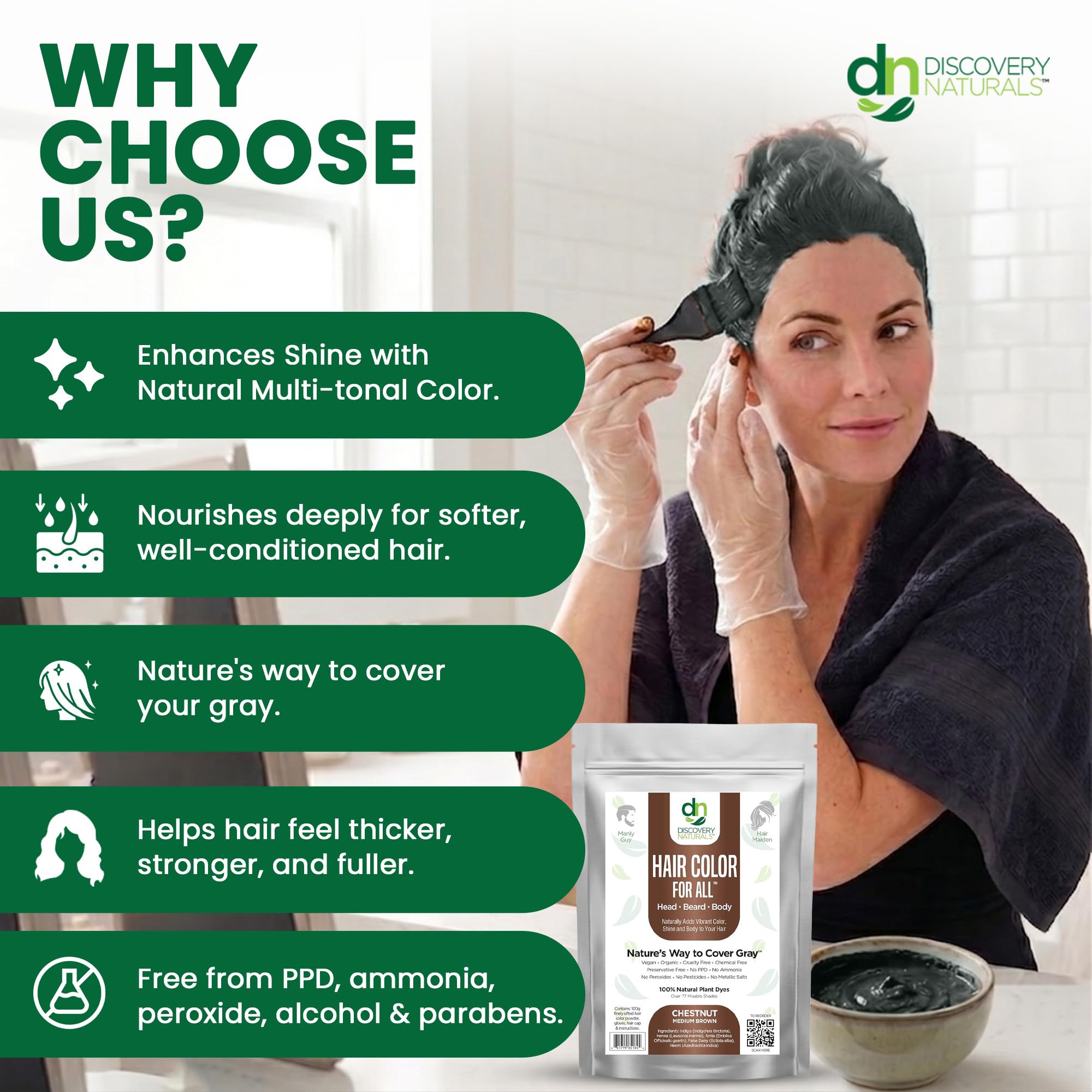 Discovery Naturals hair close-up showing conditioned shine and rich chestnut color benefit