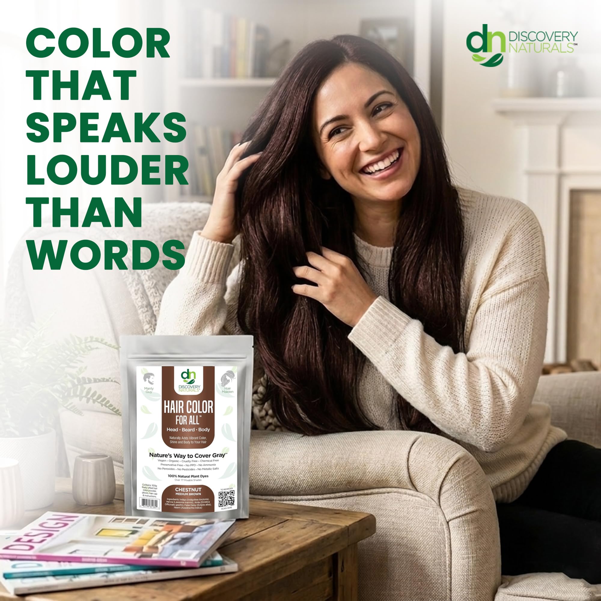 Discovery Naturals lifestyle image of person with chestnut medium brown hair showcasing natural look benefit