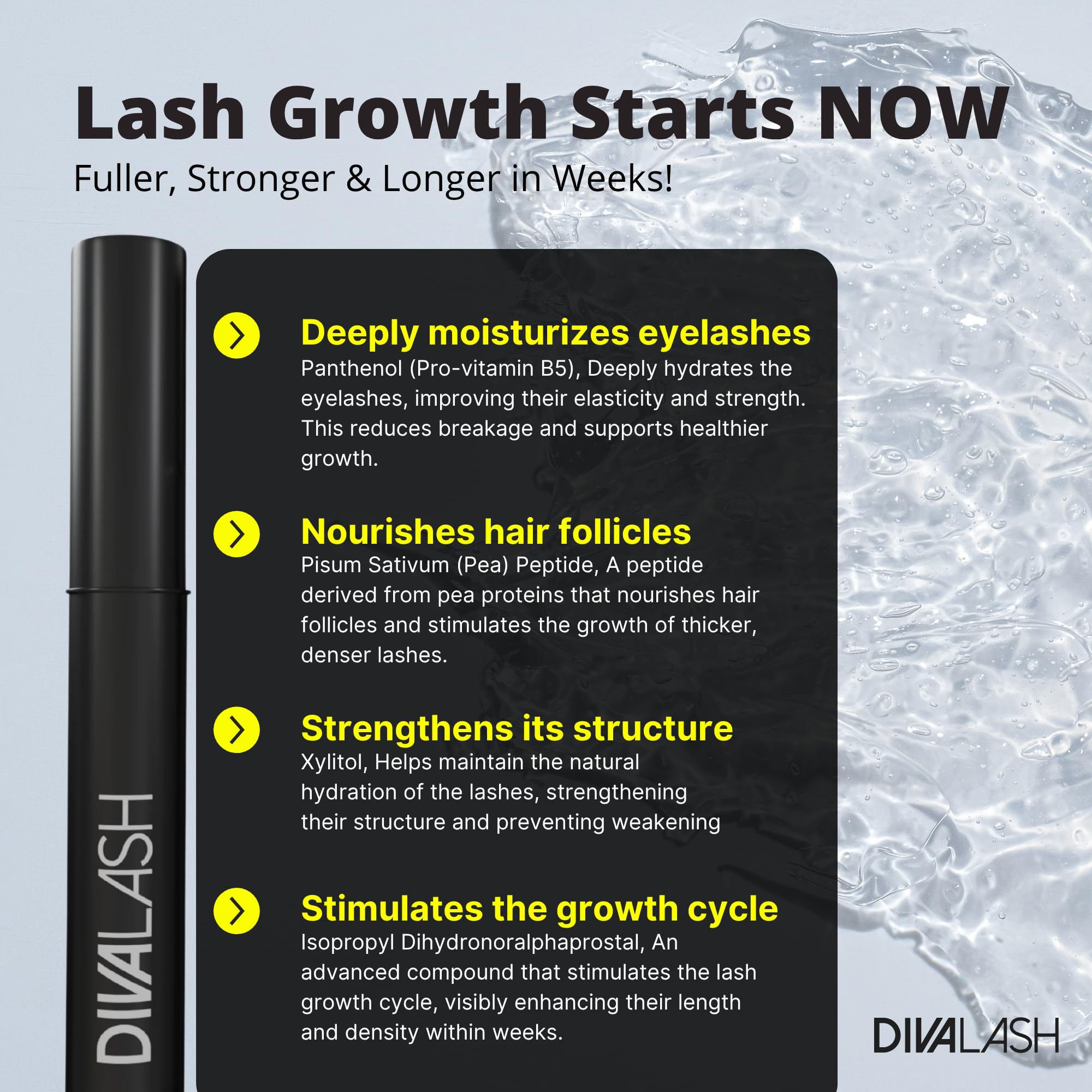 DIVASKIN divalash before and after comparison showing longer, fuller lashes